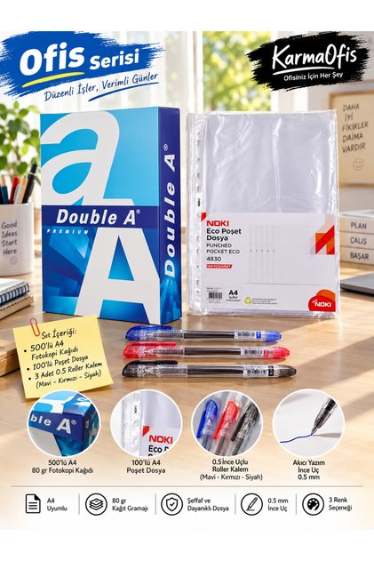 Double a A4 Photocopy Paper + 1 Pack A4 File Bag + 3 Colors 0.5 mm Roller Pen Office Set