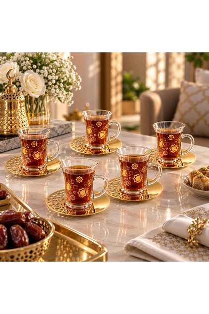 طقم كاسات شاي زجاج فاخر 12 قطعة – 6 كاسات بمقبض + 6 صحون معدنية ذهبية مزخرفة – تصميم أنيق للضيافة والمناسبات