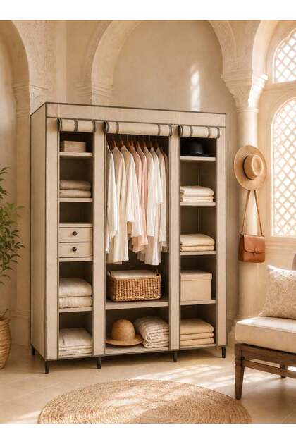 Portable Fabric Wardrobe Closet with Hanging Rods and Shelves - Beige