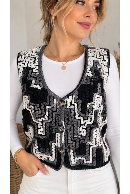Women's Hand-Knitted Embroidered Vest – Black Gray Ecru – Size 36/38