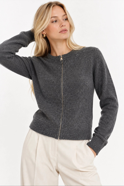 Women's Gray Zippered Crew Neck Patterned Premium Knitwear Cardigan (Size S/M)