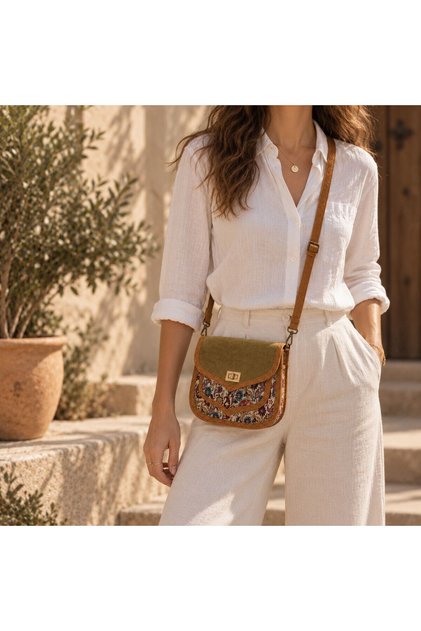 Cnt-6024 Mustard Suede Covered Paisley Patterned Tapestry Shoulder Bag | Eos Collective