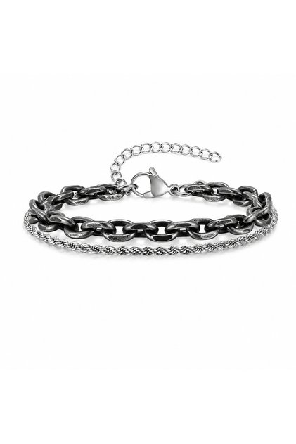Bratara Barbati Dubla din Otel Inoxidabil Argintiu Invechit (Ancient Silver) – Lant Zale & Rope Chain (18-23 cm)