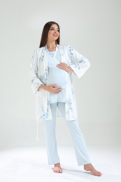 New Season Blue Floral Patterned Design with Easy Breastfeeding Feature Short Sleeve Maternity Pajama Set