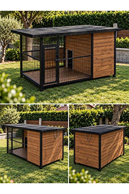 Mini Köpek Kulübesi Doğal Ahşap Metal Çitli Çatılı Bahçe Yaşam Alanı MNK 4610