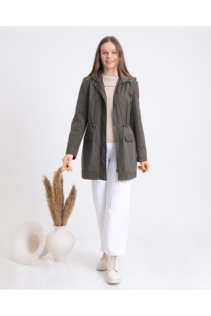 Women's Short Trench Coat with Hooded Pockets