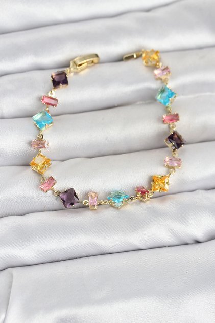 Crystal Stone Cut Mixed Color Gold Color Gema Women's Bracelet Tj-Bb8531