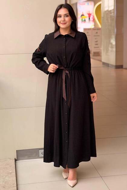 Fuat Gürşen Sleeves with Floral Beading and Square Patterned Shirt Dress