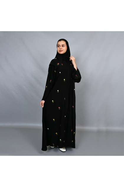 Black Abaya with Colorful Floral Embroidery All over