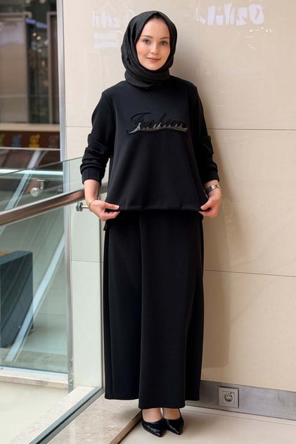 Fuat Gürşen Slogan Bead Detailed Short Front Long Back Tunic Skirt Set