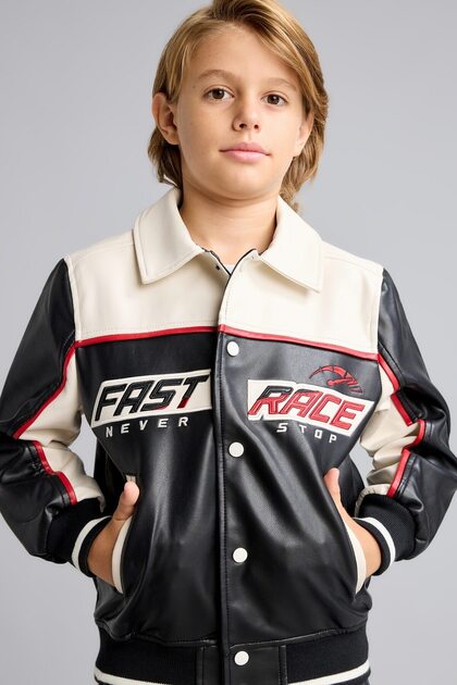 Oversize Fit Windproof Polo Collar Snap Closure Printed Faux Leather Coat Boy G9763A826Au