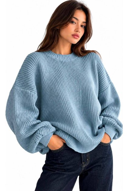 Blue Oversized Crew Neck Women's Knitwear Sweater