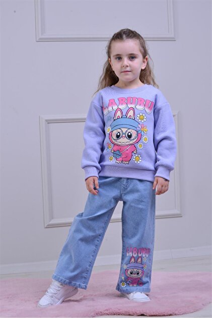 Girl's Patterned 3-Yarn Ruffled Elastic Leg Sweatpants Set