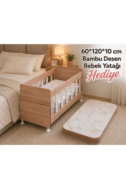 60*120 cm Anne Yanı Meşe Sallanan Beşik Ahşap Park Beşik Anne Yanı Yatak Hediyeli