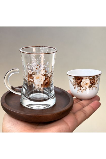 36 Piece Luxury Gift Set Tea Cups & Saucers - Rose Pattern with Matte Wooden Teapots