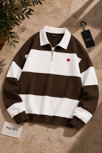 Premium Unisex Brown Striped Heart Printed Polo Collar Sweatshirt with Half Zipper Detail