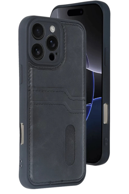 Apple iPhone 16 Pro Compatible Case Sara Leather Case with Business Card Holder - Black