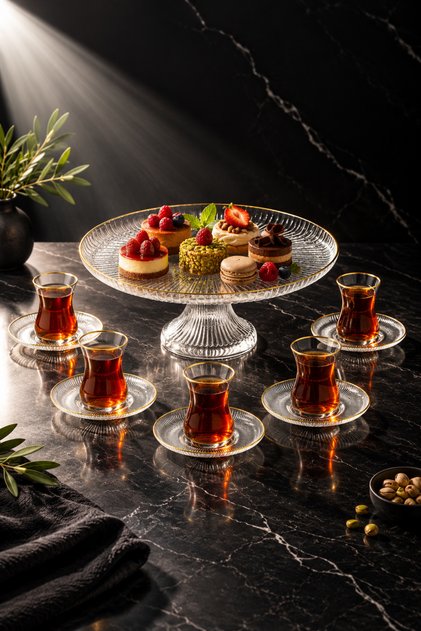 Balea - 13 Piece Glass Tea and Treat Set – Tea Set for 6 People and Standing Presentation Plate 26 cm