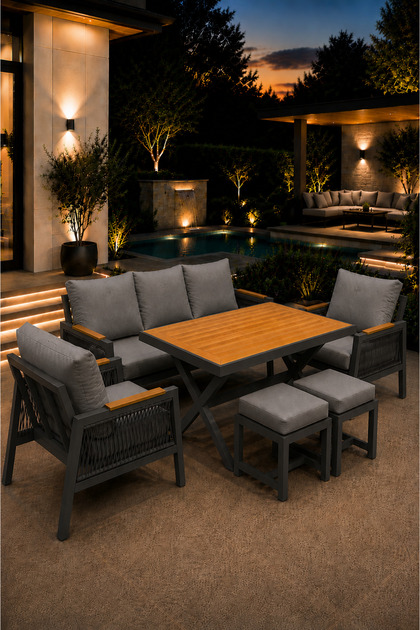 Garden Serisi Balkon Takımı, 3-1-1 Antrasit Bahçe Takımı, (3'lü Koltuk 70x180, 2 Tekli Koltuk 70x70, Masa 70x110, 2 puf)