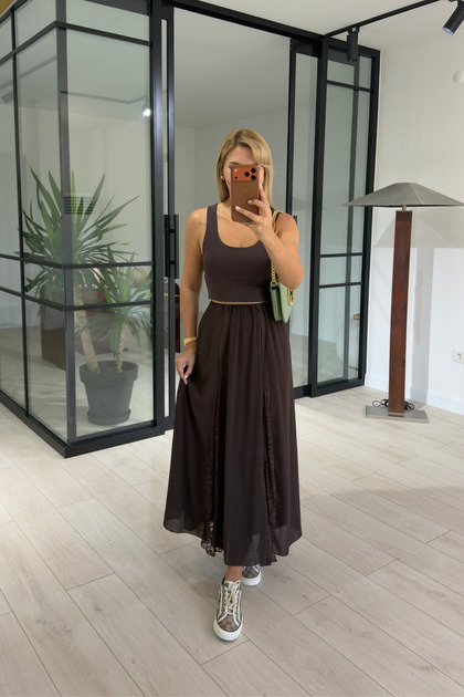 Coffee Lace Skirt with Elastic Waistband