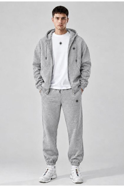 Erkek Baskılı Oversize Fermuarlı Kapüşonlu Sweatshirt, Bisiklet Yaka Tişört ve Lastik Paça Eşofman Altı Üçlü Takım