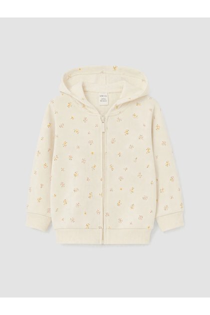 Ecru Hooded Floral Girls' Zippered Sweatshirt