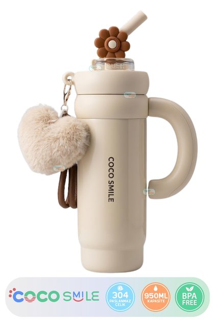 Cocosmile 950ml Tumbler Charm Series Shiny Body Non-Slip Base With/Without Straw Large Handle Plush Decorated Charm and Silicone Straw Decoration Sus304 Stainless Steel Thermos 6 Hours Hot/Cold
