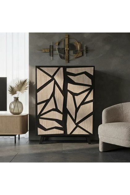 Wooden Storage Cabinet with 2 Doors in Modern Contemporary Design - Beige and Black - 110X35X80 cm