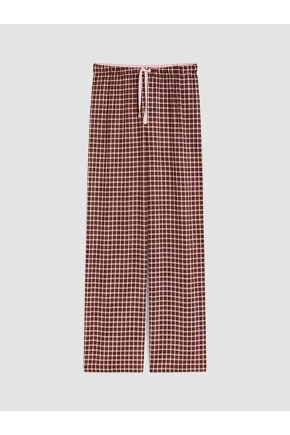 Brown Elastic Waist Plaid Women's Pajama Bottoms