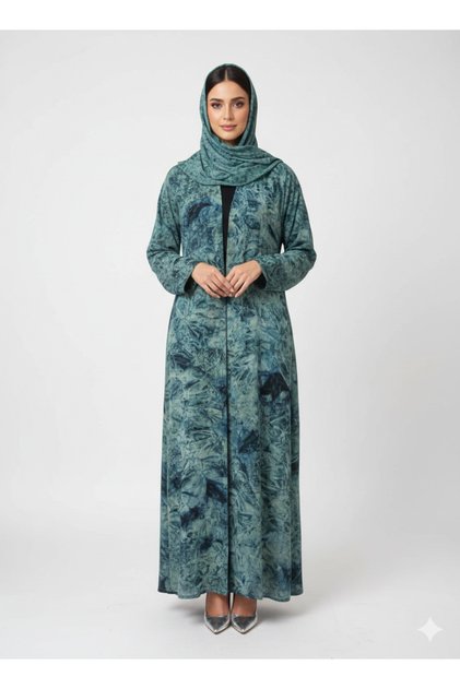 Teal & Seafoam Mineral Print Abaya | Rizqé Luxury Textured Modest Chiffon Wrap