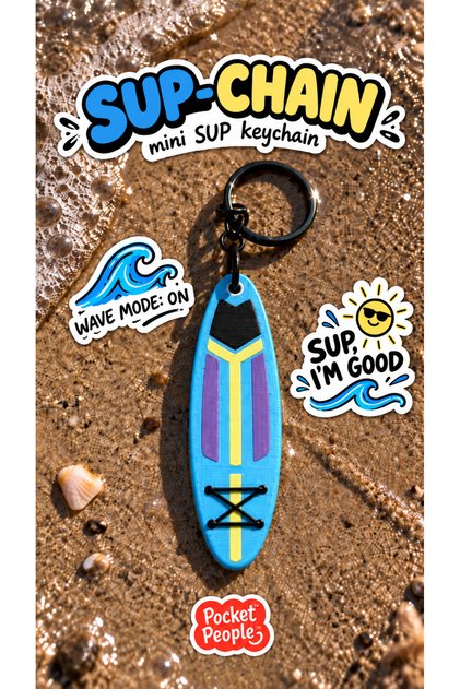 Sup-Chain Mini Sup Board Keychain – 3D Printed Bag Ornament with Paddleboard Figure, Surf & Beach Themed Gift