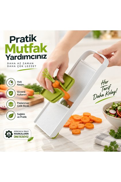 Kalınlık Ayarlı,3 Kademeli Rende Tutma Aparatlı, Kaymaz Tabanlı Sebze Meyve Dilimleyici