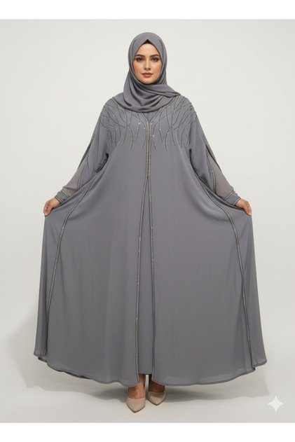 Steel Grey Layered Farasha Abaya | Rizqé Silver Vine Hand-Embellishment with Sheer Chiffon Double Sleeves