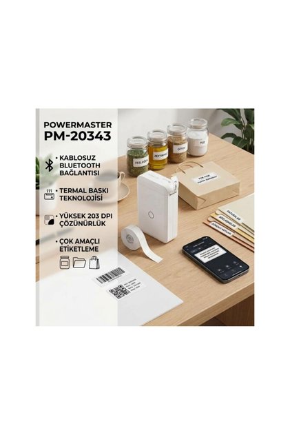 POWERMASTER Kablosuz Bluetooth Termal Etiket Makinesi Taşınabilir Ev Ofis Organizer Yazıcı (Beyaz)