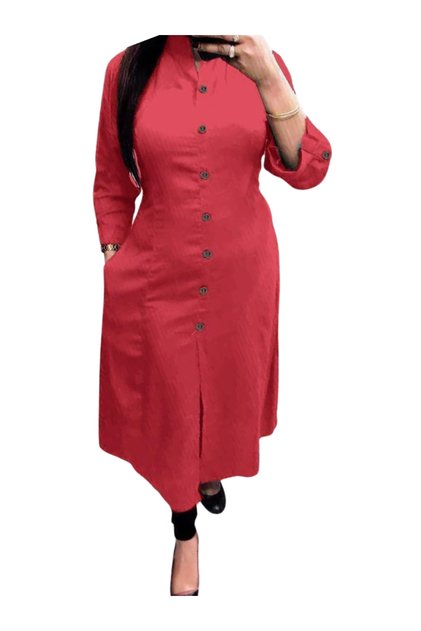 Red Cotton Wooden Button Kurti - ANJF2346 | Red-Size:XL-42-Inches