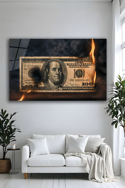 Yanan Dolar Cam Tablo Alevli Para Tasarımlı Cam Tablo Lüks Modern Ofis Duvar Dekoru