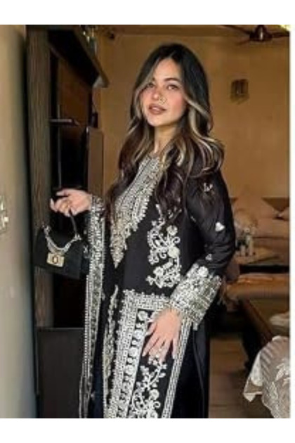Black Chinon Silk Pakistani Suit Set - FFT9438 | Black-Size:M-38-Inches