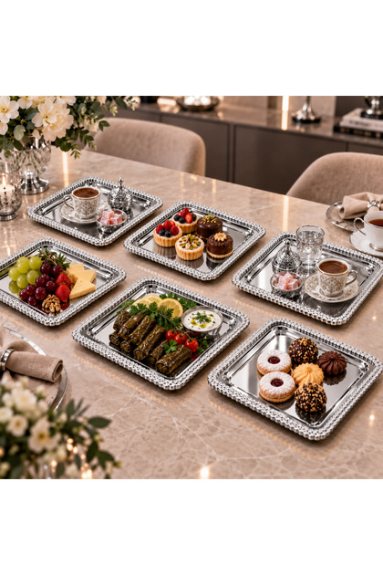 6-Piece Luxury Silver Wicker Mesh Detailed Silver Square Tray for Promise, Engagement, Dowry, Coffee, Tea Presentation