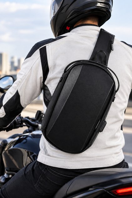 Black Biker Cross Shoulder and Waist Bag Hard Shell Design with Double Direction Strap