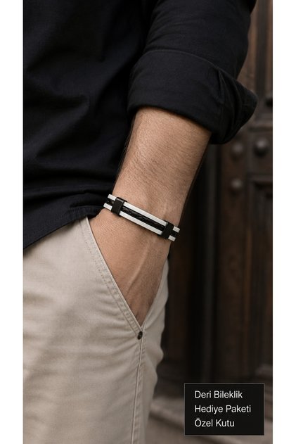 Mirello Sandblack Beige Black Leather Men's Bracelet - Three-Row Braided with Frame