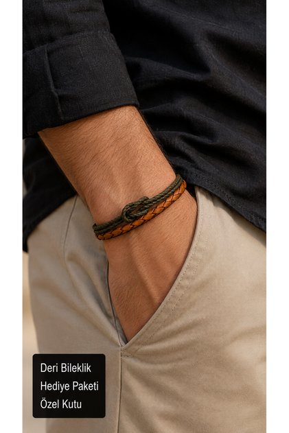 Rensaro Earthknot Khaki Orange Leather Men's Bracelet - Double Braided with Knot Detail