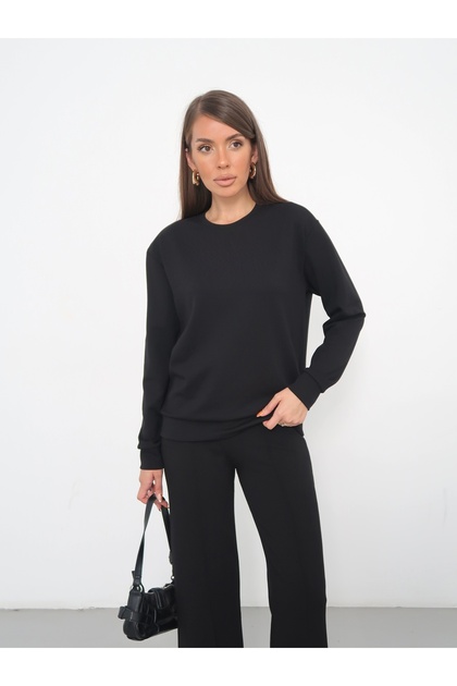 Women's Black Sweat Modal Fabric Oversize Basic Casual Crew Neck Sweatshirt