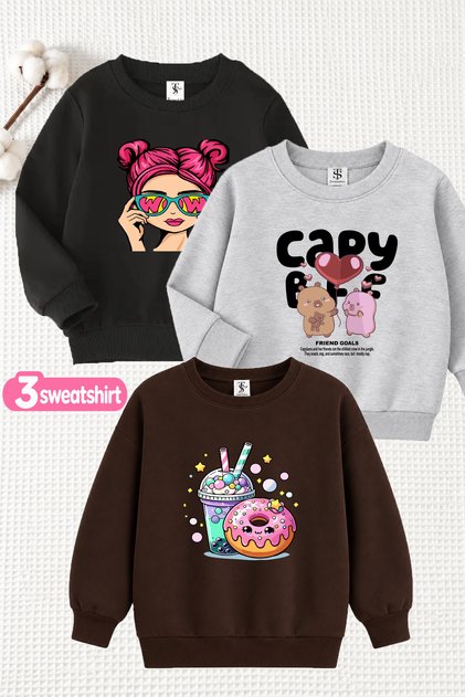 Girl's 3-Pack Sweatshirt with Embossed Girl and Capybara Prints in Grey-Black-Brown