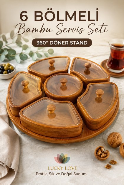 360 ° Bamboo Acacia 6-Compartment Nuts and Snacks Serving Set with Rotating Stand | Transparent Cover Presentation Holder