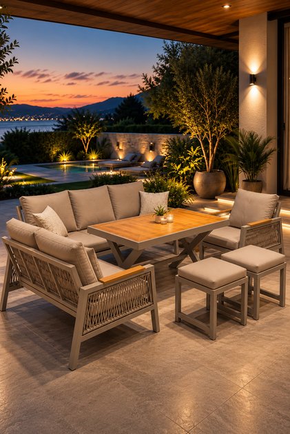Garden Serisi Balkon Takımı, 3-2-1 Cappuccino Bahçe Takımı, (3'lü Koltuk 70x180, 2'li Koltuk 70x150, Tekli Koltuk 70x70, Masa 70x110, 2 puf)