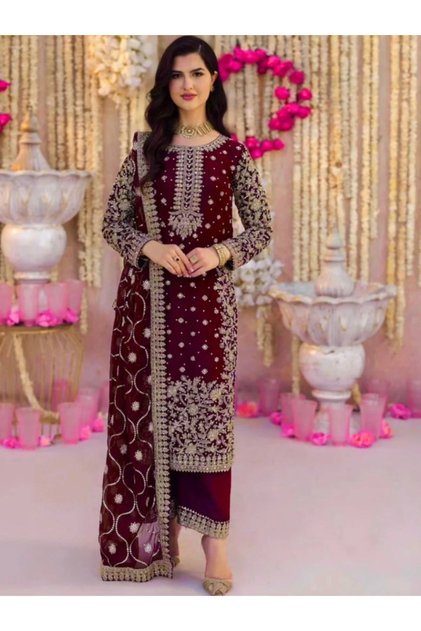 Deep Maroon Wine Heavy Faux Georgette Party-Wear Three-Piece Suit Set - HRT0001 | Deep Maroon / Wine