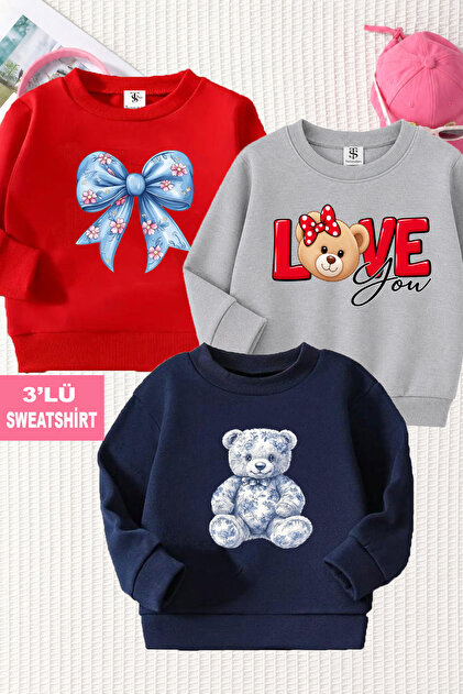 Girl's 3-Pack Red-Grey-Navy Blue Children's Sweatshirt with Love You and Ribbon Printed on It