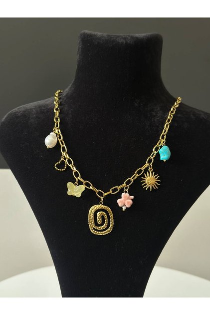 Çoklu Charm Detaylı Renkli Figürlü Gold Kalın Zincir Kolye