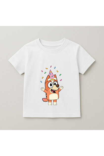 Bluey Bingo Party Hat Printed Kids T-Shirt 100% Cotton White