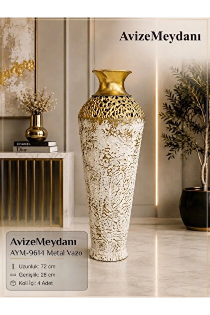 72 cm Lüks Eskitme Gold ve Beyaz Tasarım Büyük Boy Metal Vazo